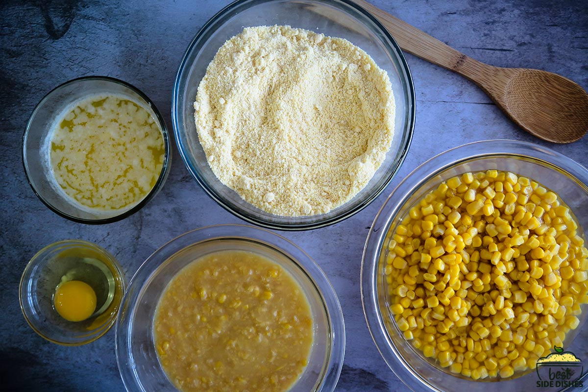 Ingredients for creamed corn casserole on a table