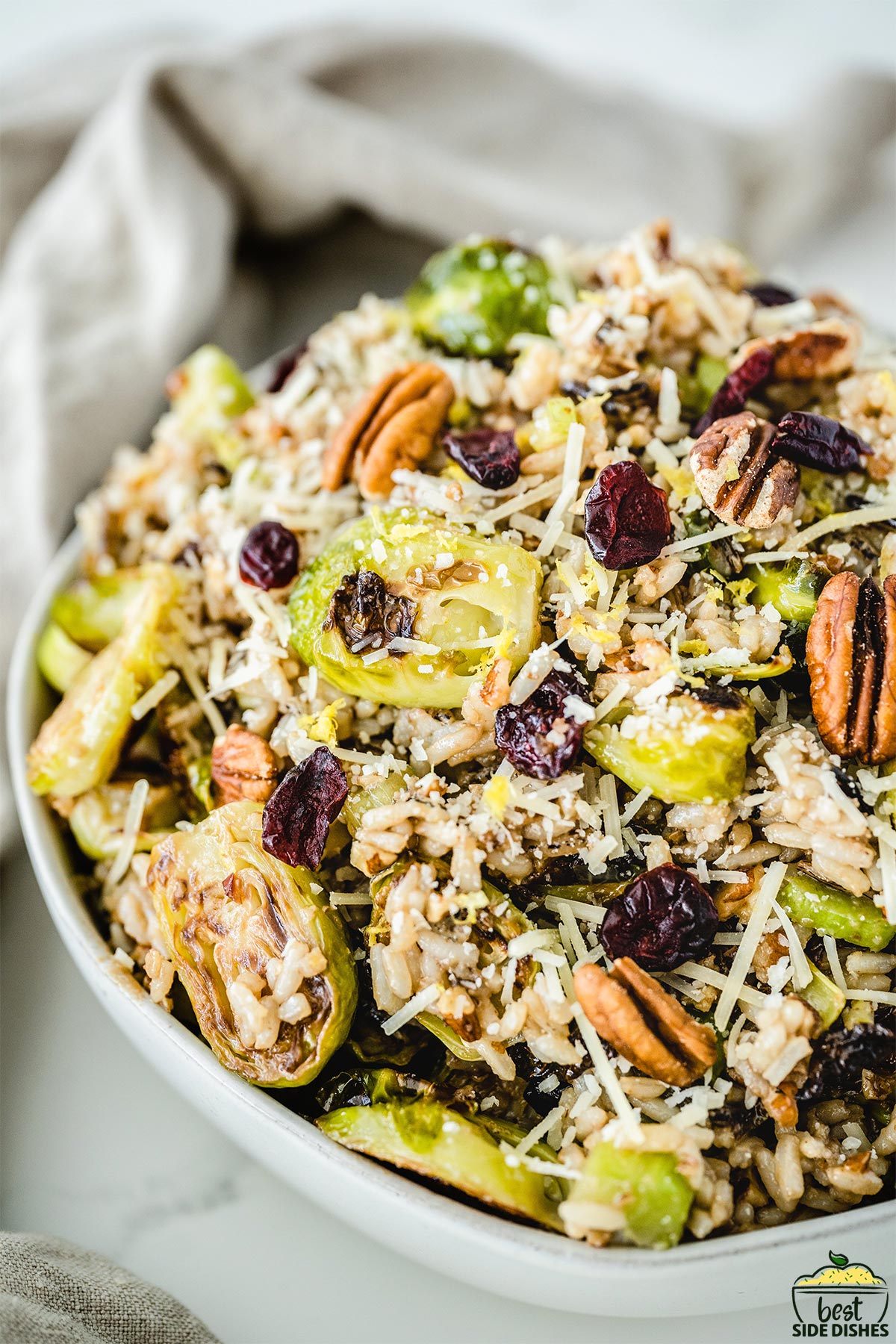 Brussels sprouts in a white bowl