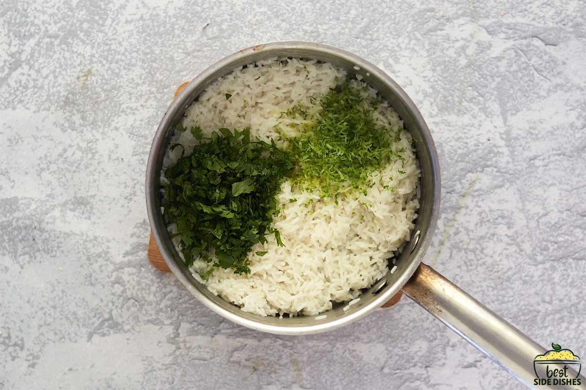 rice and seasoning ingredients in a pot