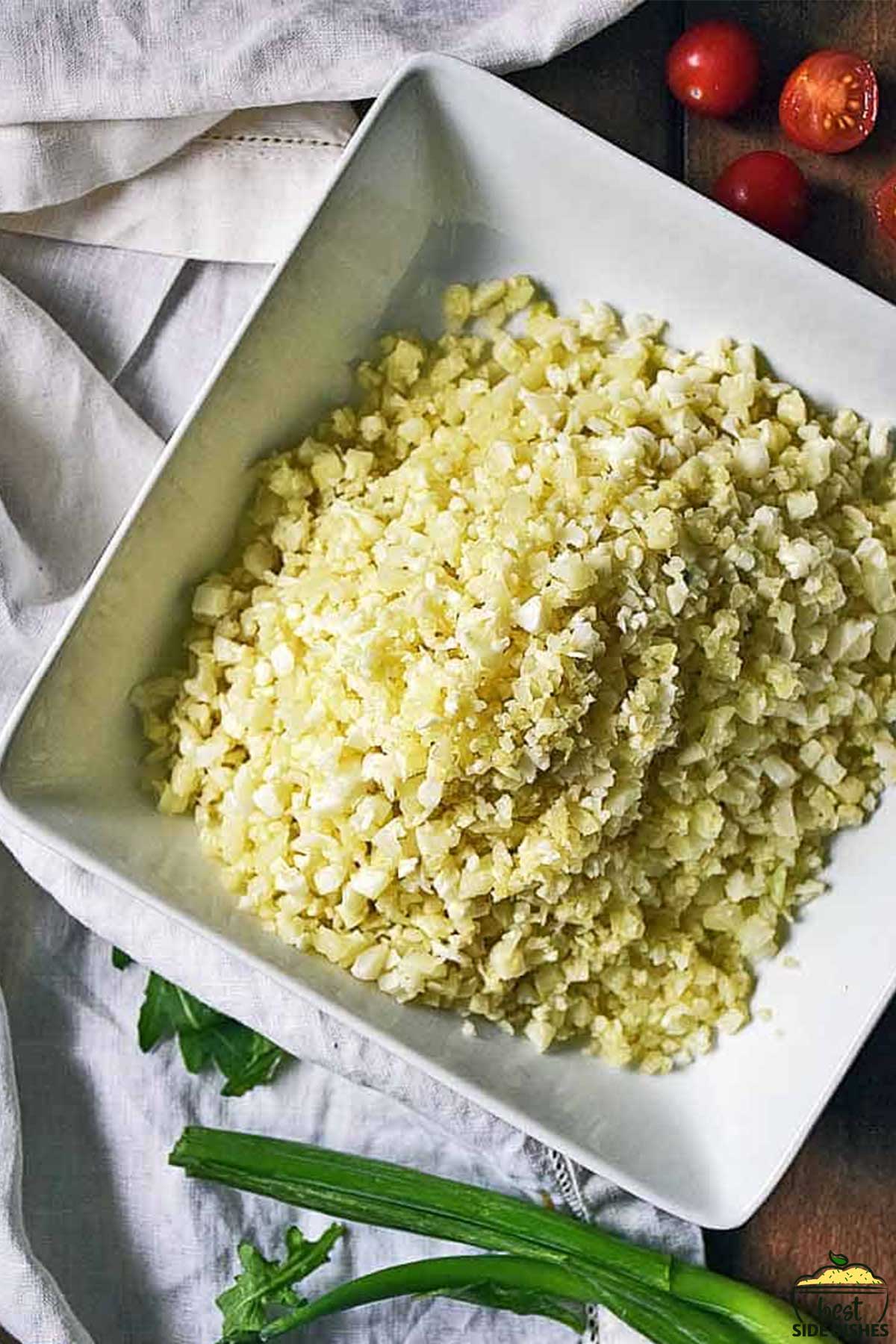 cauliflower rice in a white bowl