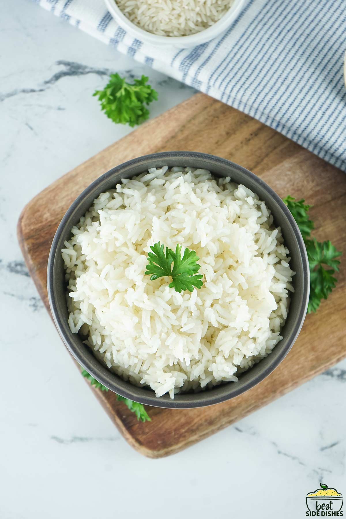 Instant pot white rice in a bowl with parsley on top