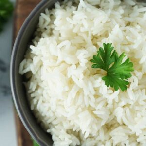 close up of instant pot white rice with parsley on top