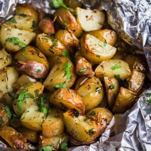 Up close foil potatoes with parsley
