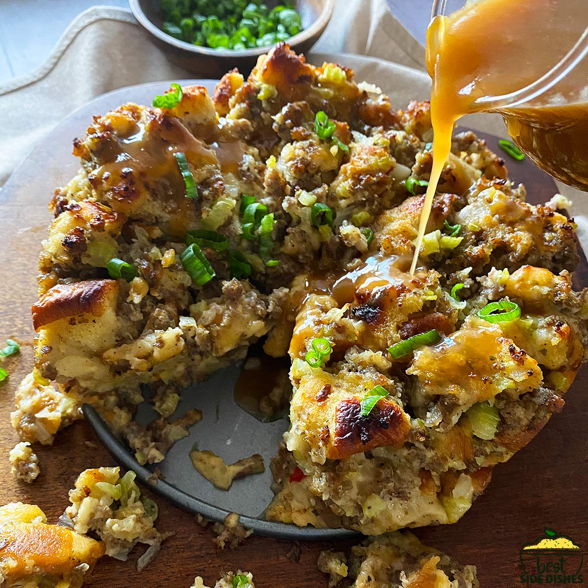 instant pot stuffing with gravy pouring over top