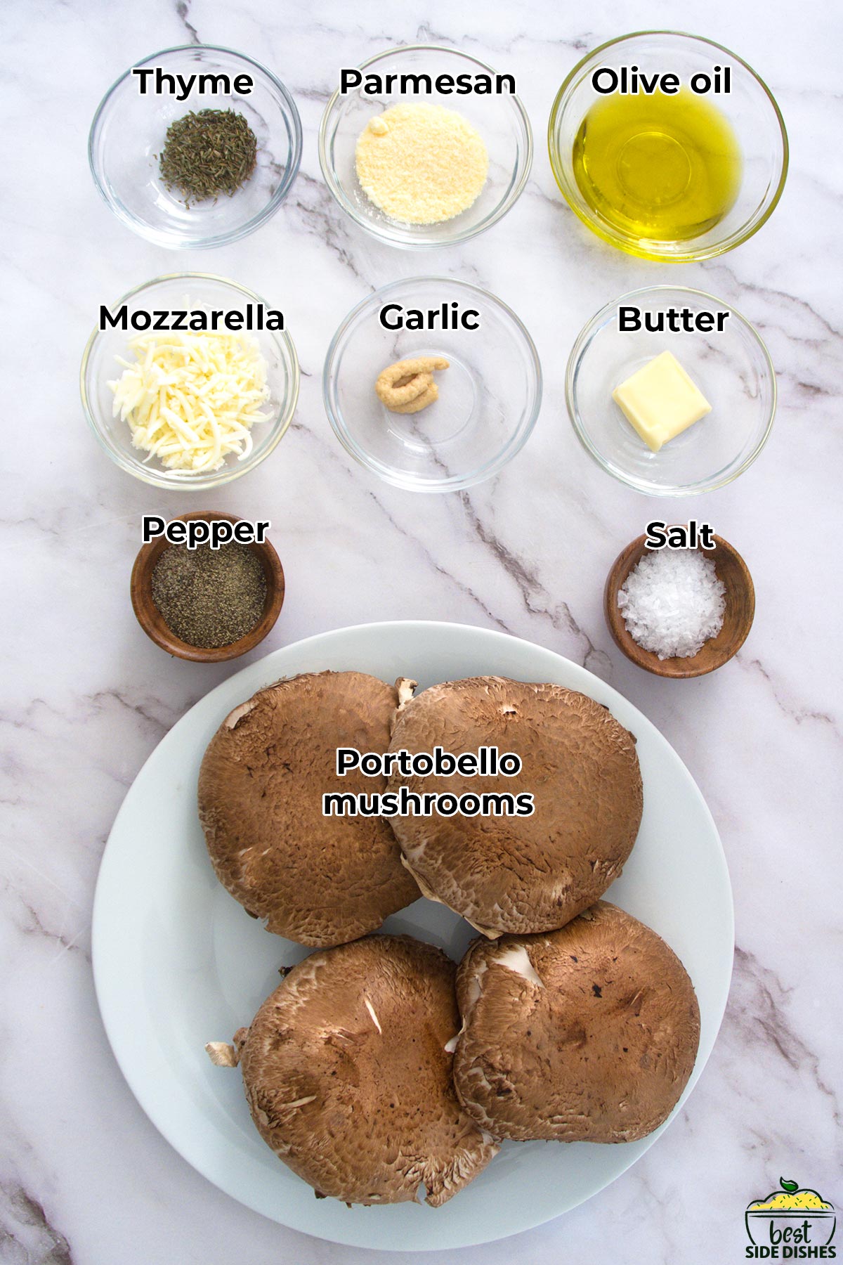 ingredients for stuffed mushrooms in separate bowls with labels