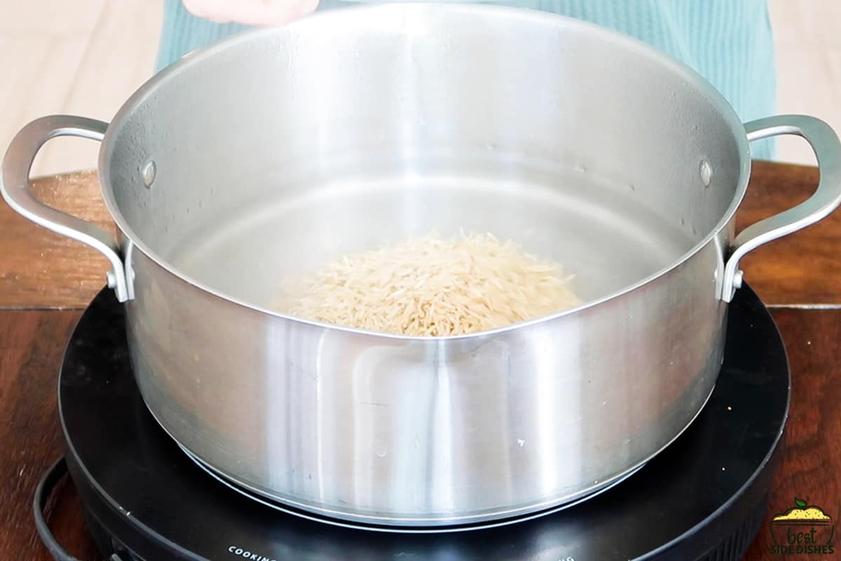 adding rice into a boiling pot of water